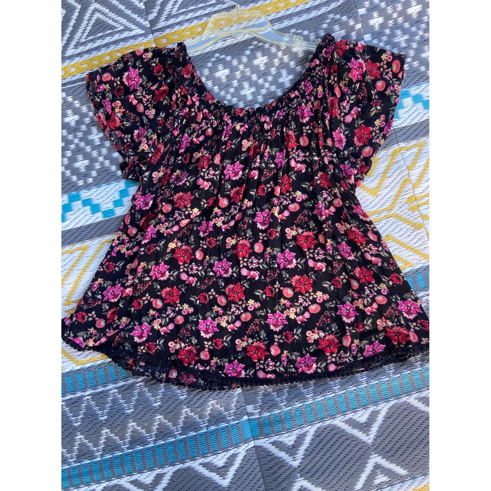 Self Esteem Womens 1X Floral Peasant Top Black Pink Boho Lace Trim Rayon Blouse